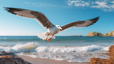 a large seagull soaring gracefully against a stunning backdrop of the ocean, captured in breathtaking 8k resolution. this majestic bird adds a touch of elegance to the picturesque scenery, creating a mesmerizing sight that embodies the beauty of nature and the vastness of the sea. ai generatedの素材