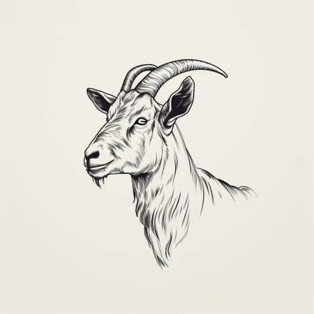 a black and white drawing of a goat, featuring minimal retouching and a historical illustration style. the goat is depicted with light beige and dark amber tones, showcasing a strong facial expression. the detailed ink illustrations highlight the supernatural creature, while incorporating elements of portraiture iconography. ai generatedの素材