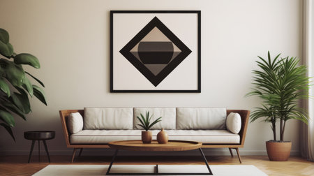 a neutral living room featuring a minimalist geometricism style with a coffee table, two large wooden tables, and wall art. the digitally enhanced oku art adds a touch of minimalist detail, while the black and beige color scheme creates a calming atmosphere. the esoteric symbolism and gemstone elements add an intriguing touch to the overall aesthetic. ai generatedの素材