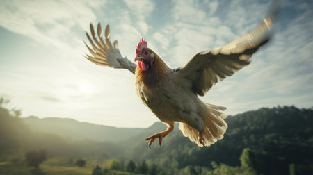 a hen gracefully soars through the vibrant sunrise, captured in a mesmerizing photograph. the image showcases a unique blend of uncanny valley realism and dynamic pose, created using the powerful unreal engine. with a touch of national geographic's signature style and farm security administration aesthetics, the hen's strong facial expression adds an exuberant touch to this captivating shot. ai generatedの素材
