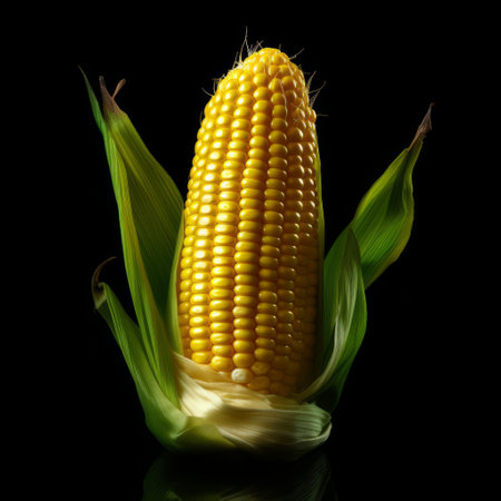 yellow corn on the cob, captured in the style of mike campau, stands out against a striking black background. this colorized photograph showcases the realistic use of light and color, while embracing the stark black-and-white aesthetic. with elements of duckcore, classical symmetry, and the influence of marcin sobas, this image is a captivating blend of artistic styles. ai generatedの素材