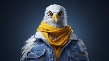 a seagull wearing balenciaga clothing and featuring ukrainian symbolism is depicted in a photorealistic style with color grading and studio lighting. the large format full shot showcases the intricate details of the bird's attire. this unique image is also offered as an nft in ar 2:3 format. ai generatedの素材