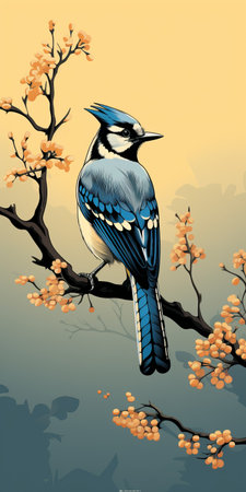 blue jay perched on tree branch: a stunning image capturing the beauty of a blue jay in its natural habitat. the vibrant blue feathers of the bird contrast beautifully with the yellow and black color scheme, creating a visually striking composition. the illustrative storytelling style adds a touch of whimsy, while the medievalist aesthetic and vintage feel of the ferrania p30 film lend a uniqueの素材