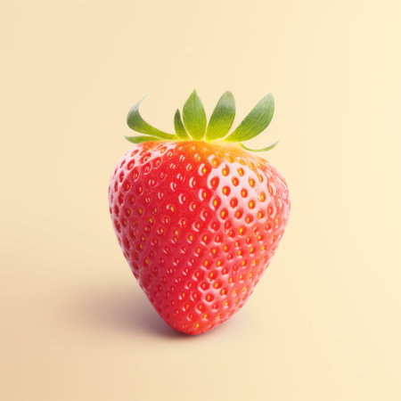 a strawberry, rendered in the style of unreal engine, is isolated on a vibrant yellow canvas. the image showcases a subtle tonal range with light red and indigo hues, creating a soft and pleasing color palette. the strawberry stands out with sharp and vivid colors, giving it a kimoicore aesthetic. the overall effect is enhanced by a soft-focus technique. ai generatedの素材