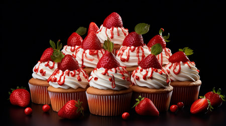 colorful cupcakes with red frosting and strawberries on a black background. these gothic-inspired treats feature light red and white hues, creating a playful and visually striking image. the photo showcases hyper-realistic details with 20 megapixels and a resolution of 3840x2160. the cupcakes appear almost photo-realistic, with hyper-realistic oil effects and playful body manipulations. ai generatedの素材