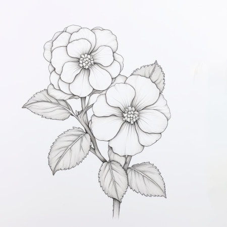 two large pencils are positioned beside a highly detailed drawing of flowers. the artwork showcases sharp lines, realistic detailing, and delicate gold accents. the composition features a combination of light silver and black tones, reminiscent of scientific illustrations. delicate flowers are beautifully depicted, highlighting the intricate foliage and edges. ai generatedの素材