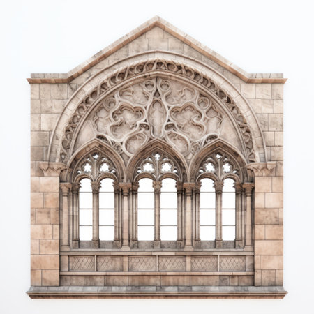 the window of a gothic cathedral showcases intricate gothic design in this photorealistic rendering. the reinforced concrete construction and 8k resolution capture the viennese secession style with stunning accuracy. against a white background, the window's details are enhanced through focus stacking techniques. ai generatedの素材
