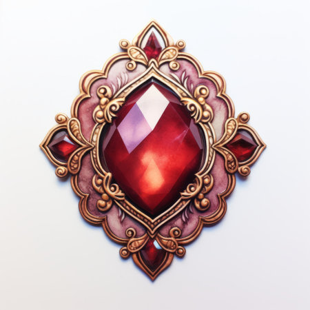 a red and metal framed jewelry piece featuring large red and gold jewels. this gothic-inspired illustration showcases a realistic usage of light and color, with a combination of light maroon and light magenta hues. painted using oil on copper, the piece exhibits intricate arabesque designs and is beautifully illuminated with softbox lighting, capturing every realistic detail. ai generatedの素材