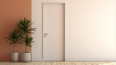 a stock photo showcasing an interior design with a door and plant on a wooden floor. the photo features a light pink and beige color scheme, with hints of orange and beige. the design follows minimalist tendencies and incorporates elements of hard edge painting. the bold chromaticity and pseudo-realistic style create a visually striking composition, with a dominant color palette of crimson and beige. aiの素材