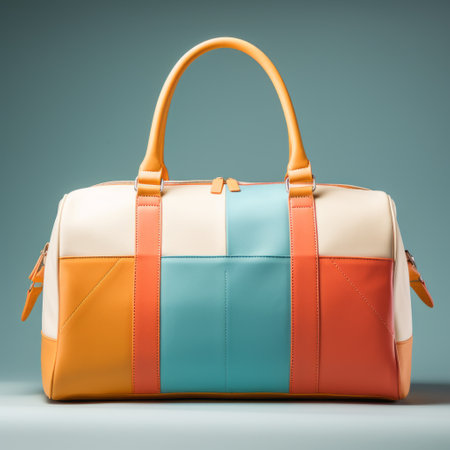 a vibrant and eye-catching image of an overnight bag, featuring pops of bright colors. captured with a dslr camera in natural light, the image showcases the texture and details of the bag. shot on a clean background, the minimalistic design and sleek aesthetic draw the viewer's attention to the product. perfect for showcasing the overnight bag's style and functionality. ai generatedの素材