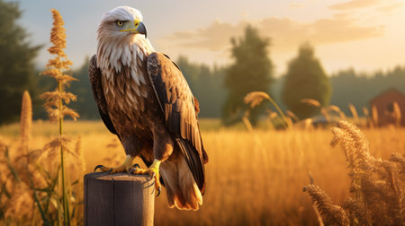 eagles perched on posts in grass and forest, captured in hyper-realistic animal illustrations. these desktop wallpapers (1417) showcase the essence of nature with lens flare effects. the beige and amber color fields create a saturated and captivating visual experience. inspired by the danube school, these characterful animal portraits bring the beauty of wildlife to your screen. ai generatedの素材