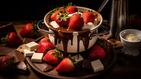 a delicious serving of hot chocolate adorned with fresh strawberries and drizzled with rich chocolate sauce is presented on a rustic wooden plate. this visually captivating image showcases a melting pot aesthetic, with dramatic lighting that adds depth and intensity. the color palette features dark tones of white and beige, creating a multi-layered and visually appealing composition. this photo embodies the angelcore style and isの素材
