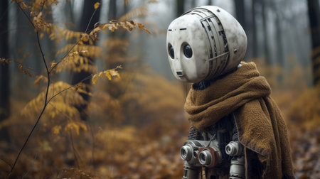 a robot stands amidst the lush forest, adorned with a cozy scarf. the image showcases a captivating darktable processing style, with warm tones of beige and amber. this national geographic photo captures the essence of fantasy characters, with emotive body language. dd. ai generatedの素材