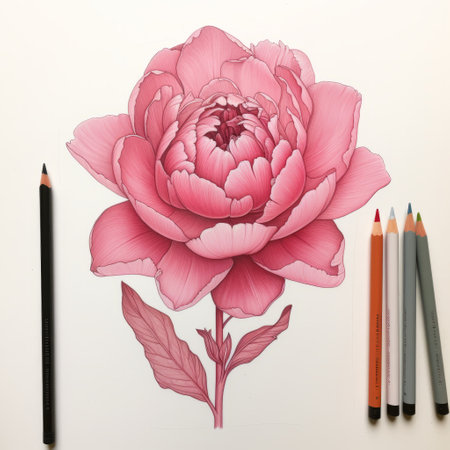 a pink flower drawing created using multiple colored pencils, showcasing hyper-detailed illustrations. the artwork features a monochromatic color scheme, meticulous linework precision, and hand-painted details. the light red and dark bronze tones add a touch of realism to the overall composition. ai generatedの素材
