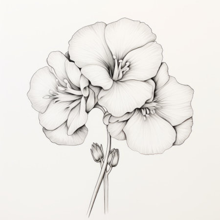 a pencil drawing of flowers showcasing minimalistic sophistication and detailed character illustrations. the light black and beige color palette adds to the revived historic art forms, while the minimalistic symmetry enhances the scientific illustrations. the artwork captures the essence of realistic detail, creating a visually captivating composition. ai generatedの素材