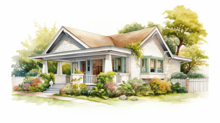 a cozy cottage, depicted in watercolor paint, stands out against a white background. the artwork showcases the hyperrealistic style of pencil drawings, with vibrant shades of green and light amber. the highly realistic details make this piece eye-catching and reminiscent of hyper-realistic pop art. ai generatedの素材