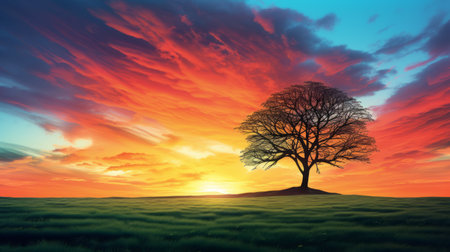 a stunning photo of a silhouetted tree on a vibrant green field, set against a breathtaking sky filled with shades of orange, blue, sky-blue, and red. this high-definition image captures the beauty of nature in a photo-realistic style, creating a visually captivating scene. ai generatedの素材