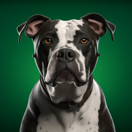 a dog with explosive pigmentation and bold colorism, captured in a photorealistic rendering style. the dog, dressed in green and black, gazes directly at the camera. the image showcases the use of softbox lighting, resulting in a studio portraiture feel. with its symmetrical composition and 8k resolution, this photograph is a stunning example of high-quality pet photography. ai generatedの素材