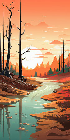 the illustration showcases a stunning sunset over a river in the desert, surrounded by lush trees and vibrant flowers. created in a warm color palette, the artwork features hyper-detailed and atmospheric woodland imagery. with a vibrant and cartoonish style, the illustration combines shades of orange and cyan, reminiscent of the new topographics movement, capturing the beauty of the wilderness. ai generatedの素材