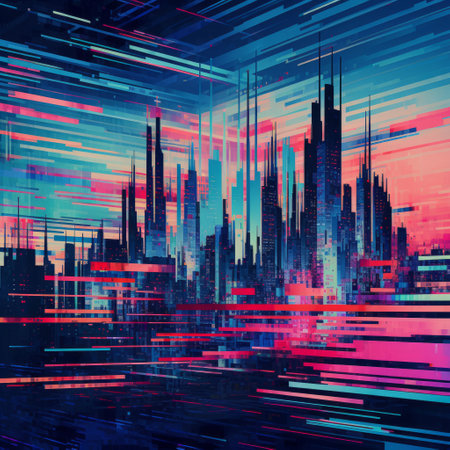 a digital cityscape concept artwork featuring a modern city scene with a retro twist. the image showcases a futuristic fragmentation of decaying landscapes in dark cyan and crimson hues. interference patterns and linear designs add depth to the composition, creating a visually captivating redshift effect. ai generatedの素材