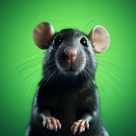 a black rat wearing a white sweater stands on a vibrant green background. the image, created using octane render, showcases vibrant caricatures with shiny eyes. the softbox lighting enhances the hyper-realistic pop, resulting in a lifelike accuracy. ai generatedの素材