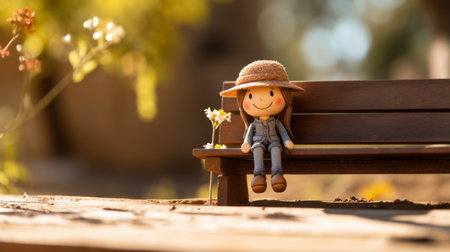 a female person sits on a wooden bench, embodying the adorable toy sculptures style. the photo captures the essence of romanticized country life, with a touch of smilecore. the emotionally complex atmosphere is enhanced by the warm hues of brown and amber. this image, featuring marguerite blasingame, exudes a joyful and optimistic vibe. ai generatedの素材