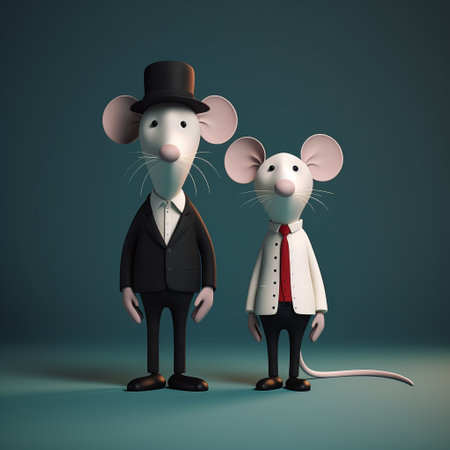 two cartoon characters, mice in a suit and a bow tie, are depicted in this photo. rendered in maya, they showcase a sentimental realism style with life-size figures. the contrasting light and dark tones enhance the simplistic designs, while innovative techniques bring them to life. captured on kodak ektar 100 film, this photo is a delightful blend of creativity and nostalgia. ai generatedの素材