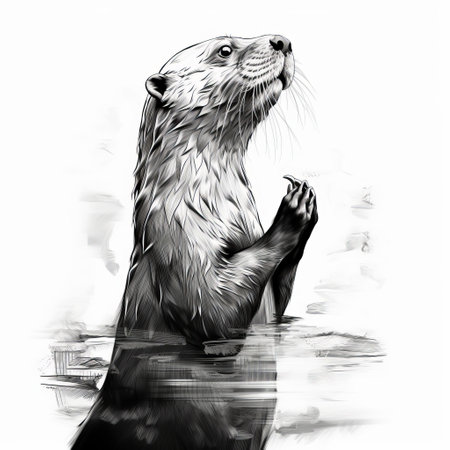 an otter and a black fox are depicted in the sun in this illustration. the artwork is created in the style of ambient occlusion, realistic impressionism, and trace monotone. it showcases realistic marine paintings with theatrical gestures and wet-on-wet blending techniques. the overall effect is reminiscent of ivory. ai generatedの素材