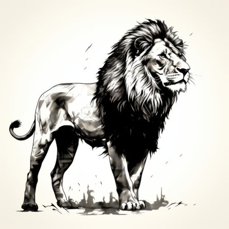 a black and white sketch of the lion king is depicted on a white background, showcasing the intricate details of the character's exaggerated proportions. the sketch is done in the style of ink wash, using dark gray and dark amber tones to create a realistic portrayal of light and shadow. the illustration accurately captures the fauna and flora surrounding the lion king. ai generatedの素材