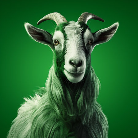 a portrait of a goat, rendered in cinema4d, stands out against a vibrant green background. the matte photo showcases the twisted and detailed character design, with dark emerald and white hues adding depth. this creative commons attribution image captures the unique and captivating essence of the goat. ai generatedの素材