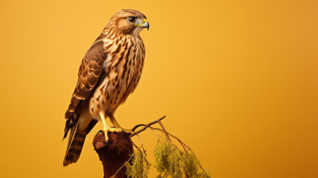 a brown falcon perches on a branch against a vibrant yellow backdrop. this photo showcases the bold saturation and dramatic lighting effects, capturing the essence of consumer culture critique. with creative commons attribution, the image is digitally enhanced with minimal retouching, resembling the graphics of xbox 360. ai generatedの素材