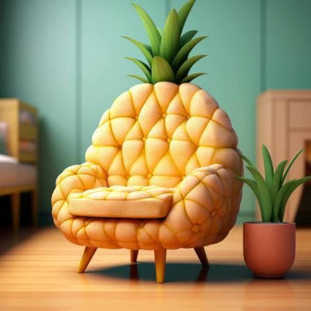 a pineapple chair, crafted with furniture, showcases a photorealistic rendering. this pulpy-style piece embodies post-internet aesthetics and adds a lively touch to interiors. with a shallow depth of field, the chair exudes a kimoicore vibe, blending cartoony elements seamlessly. ai generatedの素材