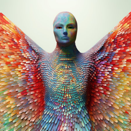a vibrant, feathered bird sculpture showcasing a fusion of realistic human form, futuristic glam, voxel art, life-size figures, surreal fashion photography, pointillist technique, and captivating light and color. ai generatedの素材