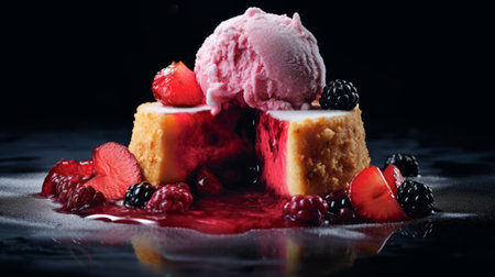 a frozen cake with multiple bowls, captured in vibrant and high-energy imagery. this stunning creation, inspired by the works of cranberrycore, simon prades, and marcin sobas, showcases exacting precision and intense colors. the split toning technique adds a unique touch to the image, making it visually captivating. ai generatedの素材