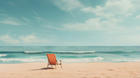 an orange chaise lounge sits on a sandy beach, exuding a retro vibe with its dark green and light cyan color scheme. the photo is enhanced with realistic seascapes and vintage minimalism, showcasing muted seascapes in maroon and aquamarine. this inspirational image captures the essence of relaxation and beachside tranquility. ai generatedの素材