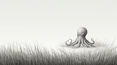 a minimalist illustration featuring a realistic perspective of a gray and black octopus in the grass. this zbrush artwork showcases a minimalist background with muted seascapes, creating a visually captivating image. ai generatedの素材
