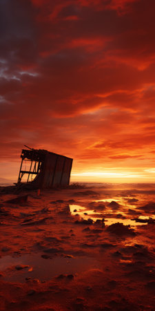 a captivating national geographic-style photo featuring a light cloud against a backdrop of orange skies, reminiscent of post-apocalyptic ruins. this transfixing image showcases the beauty of marine scenes with its high contrast and includes elements of cabincore. the red and amber hues add to the allure, while the presence of rusty debris adds an intriguing touch. ai generatedの素材