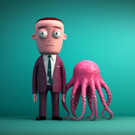 an animated man stands beside a pink octopus in this depth of field, matte photo. the cartoonish style, with its maroon and cyan tones, adds a playful touch. the hard surface modeling and object portraiture expertise of the artist is evident in this quantumpunk-inspired composition. ai generatedの素材