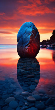 large rocks on the beach, featuring a captivating composition with a contrasting balance of light crimson and azure colors. this stunning photograph showcases the beauty of nature in 8k resolution, highlighting a single object that stands out in the warmcore setting. ai generatedの素材