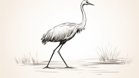 a stunning sketch-like drawing of a crane gracefully strolling through the grass. this artwork, inspired by classical proportions, showcases a blend of gray and beige tones. the soft shading and scientific illustration style give it a unique touch. the cartoonish character design and eastern brushwork add an extra charm to this beautiful depiction. ai generatedの素材