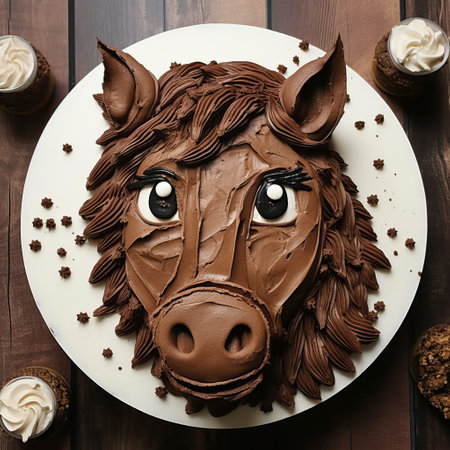 the horse's head cake, created by my daughter and her fiance, is a stunning masterpiece resembling the tamron 24mm f28 di iii osd m12 lens. with detailed character illustrations, a dark brown color palette, and a rusticcore aesthetic, this monochromatic composition showcases quirky shapes. the cake's design is truly unique and perfect for photography enthusiasts. ai generatedの素材