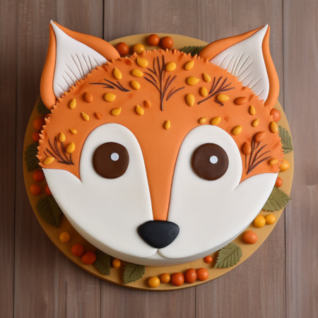 a cake with a unique orange and brown face is displayed on a wooden counter. the design of the cake resembles attention to fur and feathers texture, inspired by the works of eiko ojala and ilya mashkov. the intricate details of the foliage add to the overall appeal. this captivating image captures the essence of caninecore and can be found on flickr. ai generatedの素材