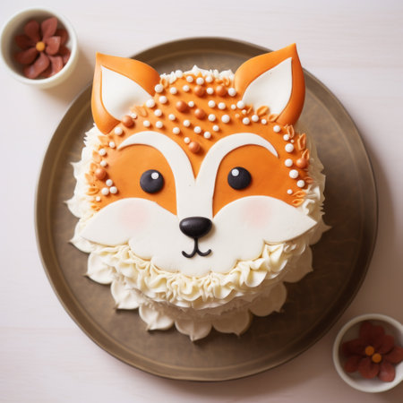 a fox nose-shaped cake with vanilla icing, featuring cartoonish motifs in a traditional vietnamese style. the cake has a dark orange and light beige color, with textured and layered surfaces. the image is captured in uhd quality, showcasing the exacting precision of the design. the iso setting used for this photo is 200. ai generatedの素材