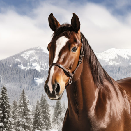 the horse in the photo is a beautiful mix of brown and white. the image captures a snowy scene with mountainous vistas in the background. the horse has been digitally airbrushed to enhance its features. softbox lighting creates a soft and shiny effect on its coat. the colors of emerald and crimson add a vibrant touch. this stunning artwork is reminiscent of the style ofの素材