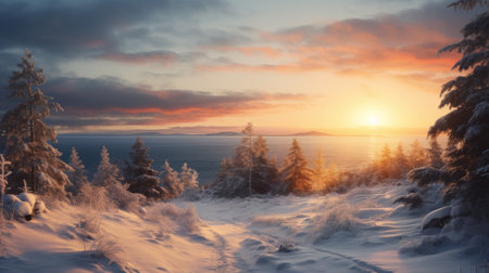 snowy mountainside at sunset, reminiscent of romantic seascapes. this uhd image by patty maher captures the beauty of nature in the style of ivan shishkin's detailed marine views. the light crimson and amber hues add a touch of warmth to this traditional landscape. ai generatedの素材