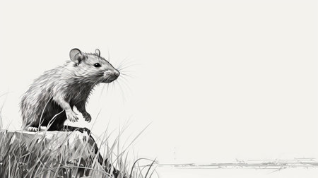 a pencil drawing of a rat on a rock in a river, featuring a sparse background and detailed character design. the drawing showcases farm security administration aesthetics with clean and sharp inking. the ink-wash landscape adds depth to the overall composition. the image has a low resolution. ai generatedの素材