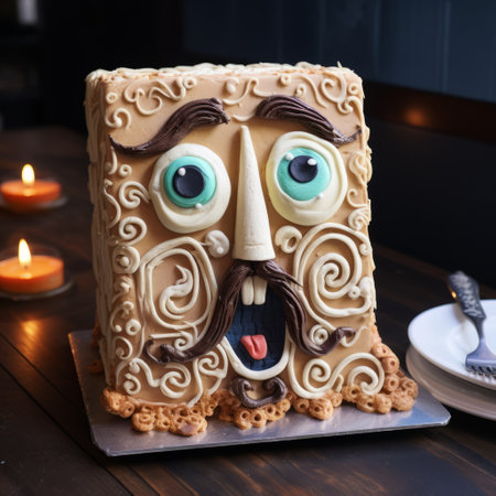 a mantle sits in the middle of a cake, showcasing dynamic and exaggerated facial expressions of grotesque characters. the style is enhanced through focus stacking, with a combination of light brown and dark beige hues. swirling vortexes add a touch of whimsy to the scene, while the overall aesthetic is influenced by pop culture and old-timey elements. ai generatedの素材