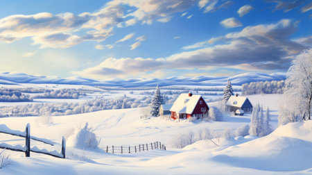 snowy covered countryside in the wintertime, depicted in a realistic and hyper-detailed style. the vibrant colors of light red and sky-blue create a storybook-esque atmosphere. this associated press photo captures the beauty of the winter landscape, resembling a colorful cartoon brought to life. a national geographic-worthy image that showcases the enchanting scenery with rtx on. ai generatedの素材