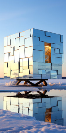 deconstructivist architecture: unique tiny home cube form with white silver reflective metal panels, located in the plain of snow beside a lake. bright blue skies and an open horizon provide a stunning backdrop. this portable home features a cool parametric design, making it a standout in its surroundings. ai generatedの素材