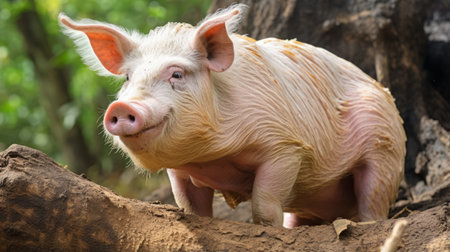 an adorable pig walks into a secluded area, showcasing distinct facial features. the photo, in the style of light red and beige, captures the working-class empathy of this national geographic subject. the disfigured forms add a unique touch to this uhd image by lisa parker. ai generatedの素材